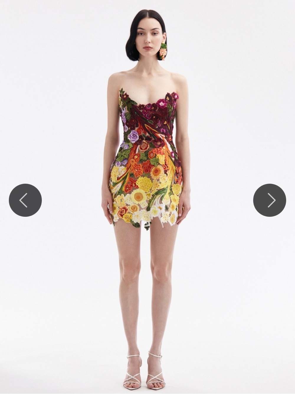 Oscar de la Renta Strapless Floral Mini Dress in Burgundy, Yellow, Green